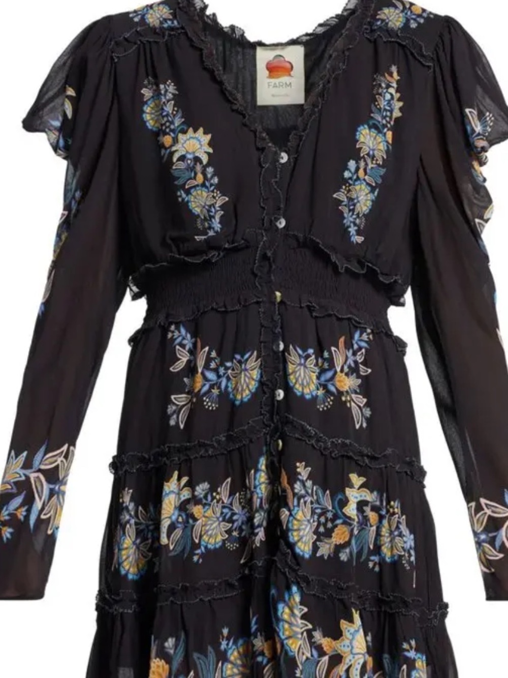NWT FARM Rio Black Mini Dress with Yellow & Blue Floral Embroidery